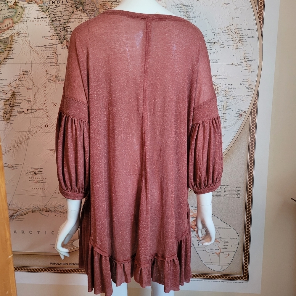 Wishlist Soft Red Linen Blend Dress Ruffle Hem Puff Sleeves Western Cowgirl M - Picture 2 of 11